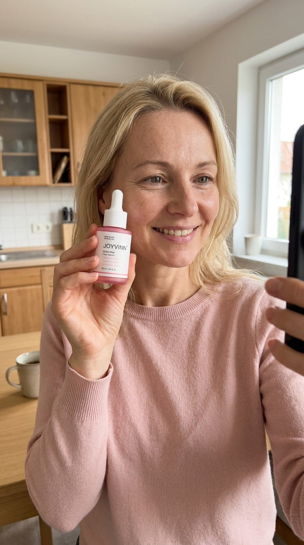 Kundin mit JOYVINN Pink Glow Serum, unretuschiert