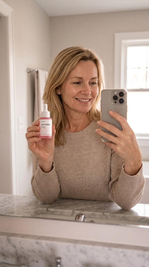 Kundin mit JOYVINN Pink Glow Serum, unretuschiert