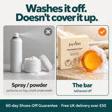 Spray or powder covers the smell; the foot bar lathers it off between the toes