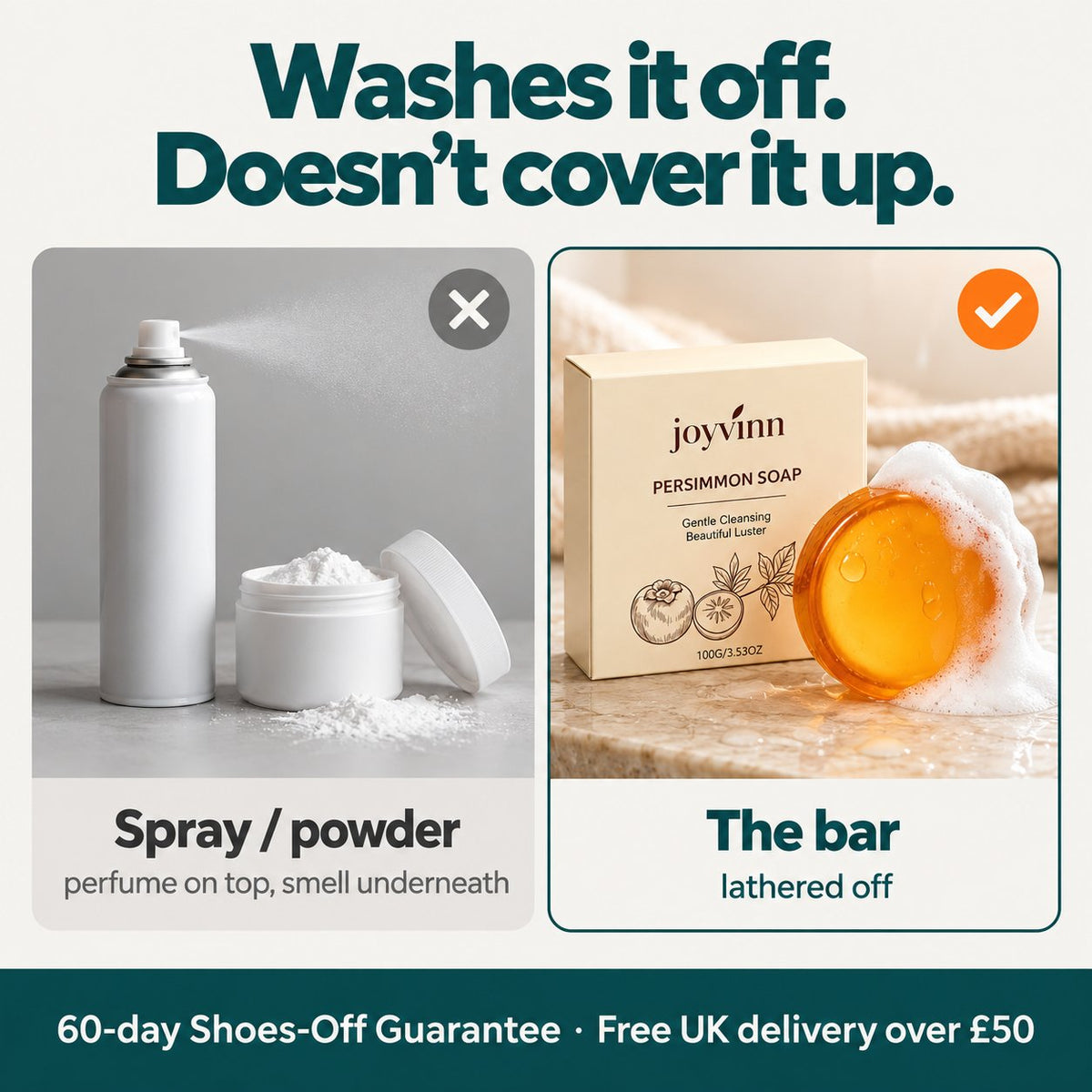 Spray or powder covers the smell; the foot bar lathers it off between the toes