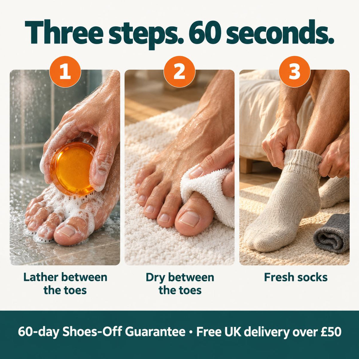 How to use the foot bar: lather between the toes, rinse, dry the gaps