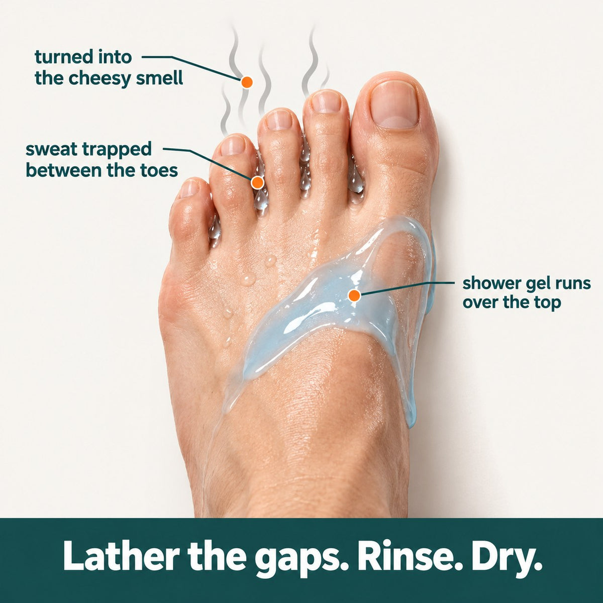 Why foot smell comes back: sweat trapped between the toes in a closed shoe is broken down into the cheesy smell