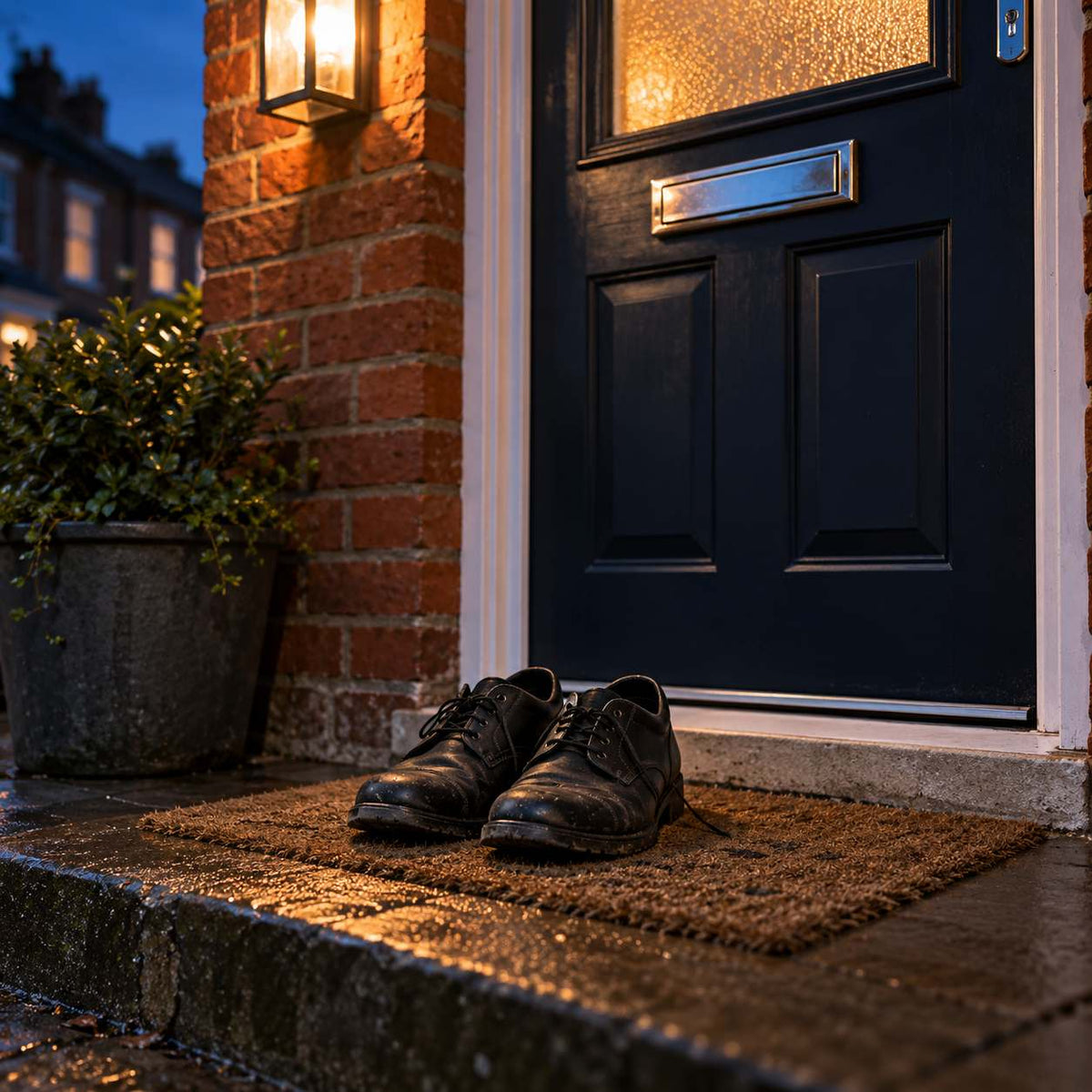 A pair of work shoes left outside on the front step