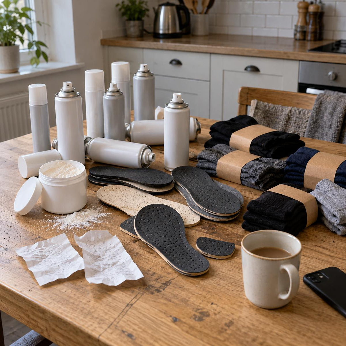 A year of shoe sprays, foot powder, insoles and sock multipacks piled up