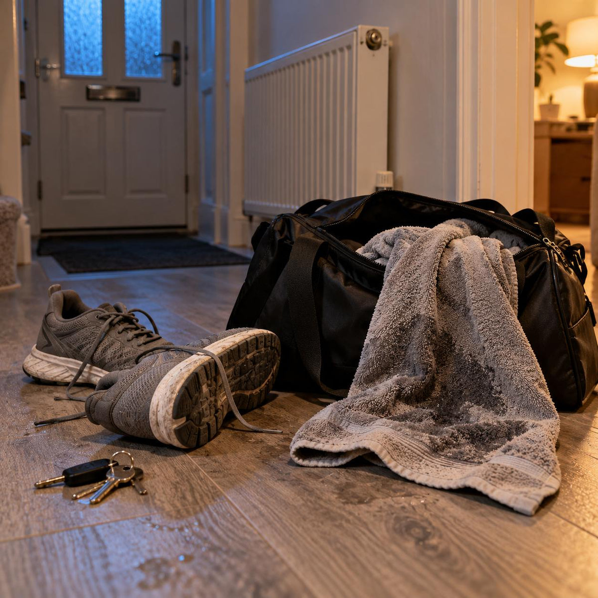 A damp gym towel zipped inside a sports bag, a picture of sweat trapped in a closed shoe