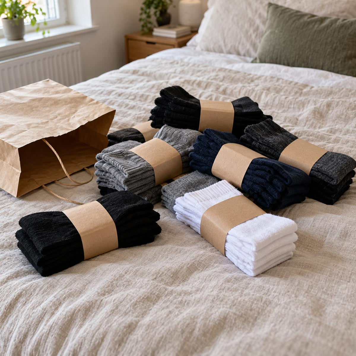 A pile of new multipack socks still in their packaging