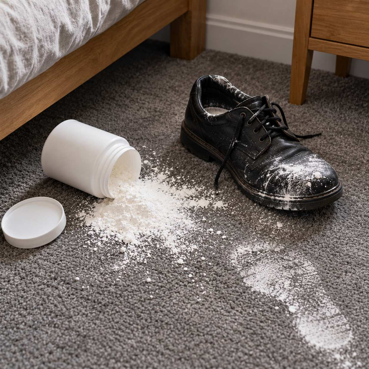 Foot powder spilled on a bedroom carpet next to a shoe