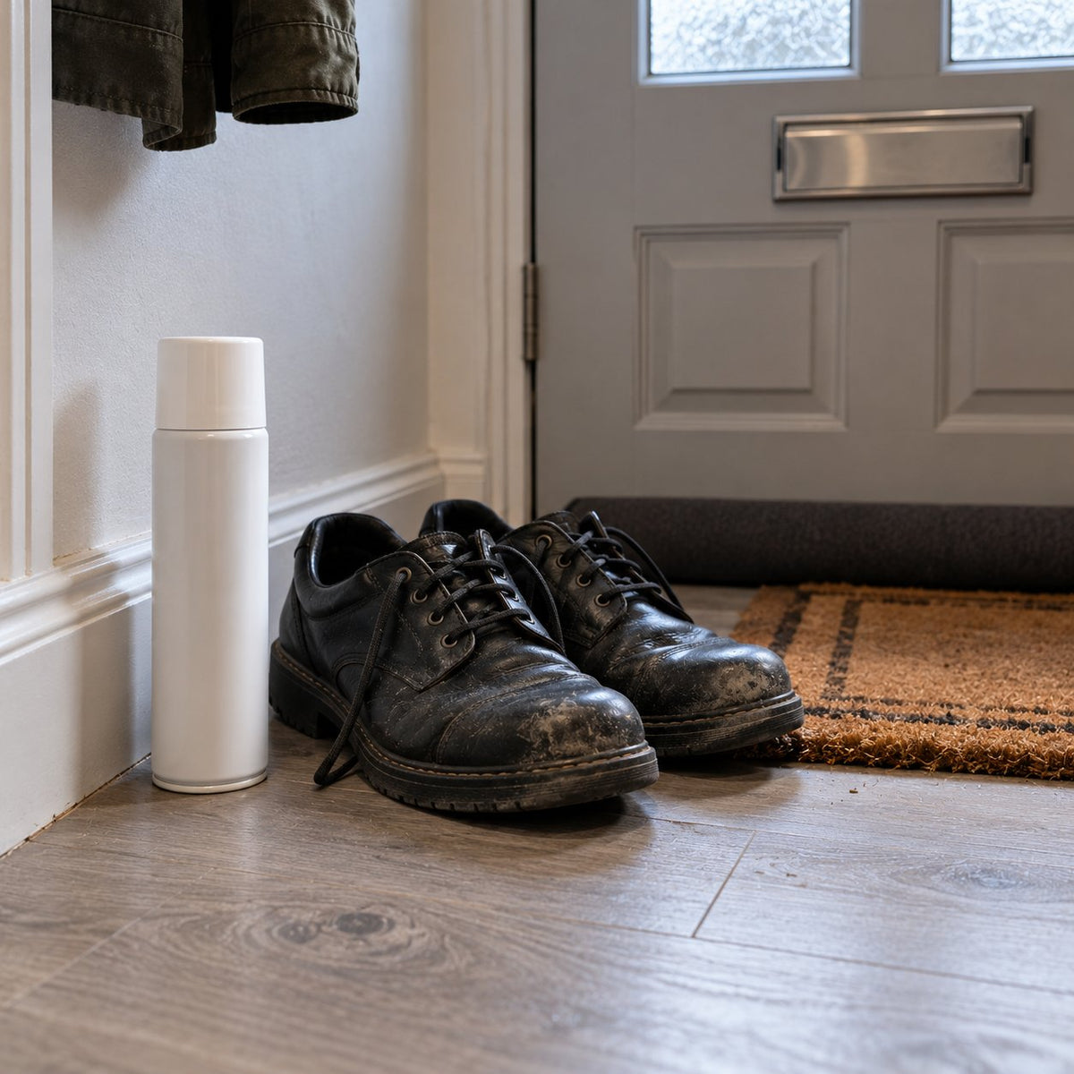 A can of shoe deodorant spray by the front door