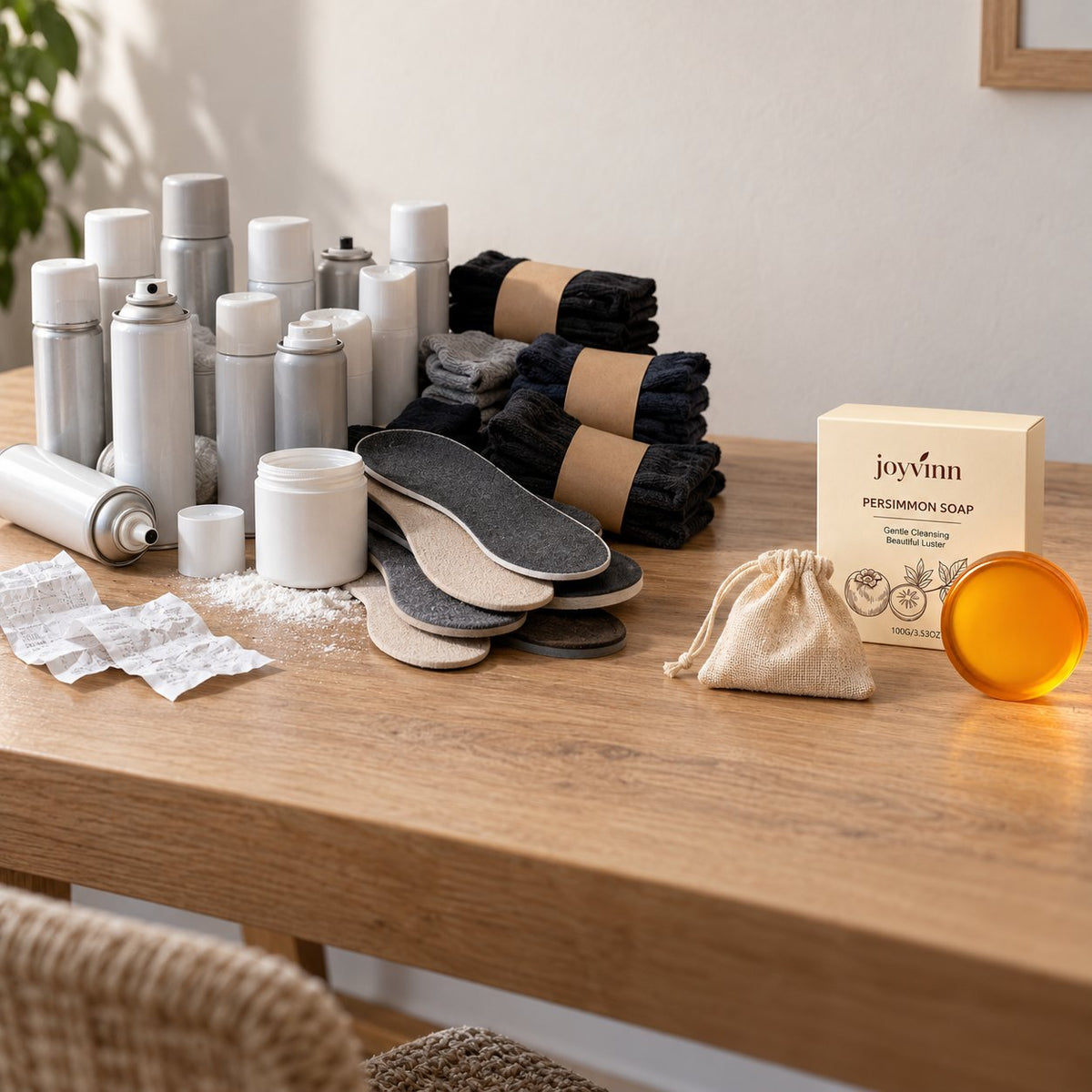A year of shoe sprays and insoles piled up next to one foot bar