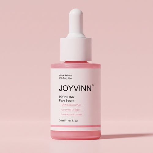 JOYVINN Pink Glow Serum, 30 ml, Flakon von vorne auf rosa Hintergrund