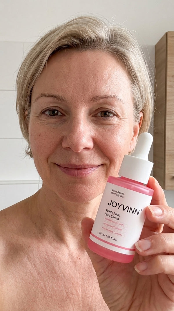 Kundin mit JOYVINN Pink Glow Serum, unretuschiert