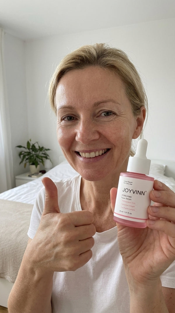 Kundin mit JOYVINN Pink Glow Serum, unretuschiert